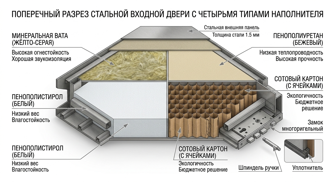 Наполнитель входной двери в разрезе — минвата, ППУ, пенопласт